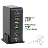 Multi USB C Quick Charge QC3.0 Wall Charger 65W 6 Port Fast Desktop 20W PD Charging Station for Phone, EU Plug