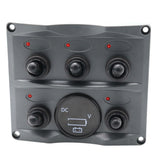 LED 5 Gang ON-OFF Marine Boat Toggle Switch Panel Digital Voltmeter Socket