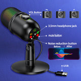 RGB Condenser Microphone Cardioid USB Mic Colorful Lighting Effect One-Button Mute Real-time Monitoring with Desktop Mic Stand