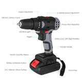 21V Cordless Electric Drill 3/8 Inch Chuck Power Drill&amp;Screwdriver with Battery Level Indicator LED Work Light 2-variable Speed