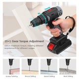 21V Cordless Electric Drill 3/8 Inch Chuck Power Drill&amp;Screwdriver with Battery Level Indicator LED Work Light 2-variable Speed