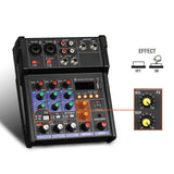 3.5mm Stereo Audio Mixer Build-in UHF Wireless Mics 4 Channels Mixing Console With Bluetooth USB Effect For DJ Karaoke PC Guitar