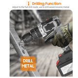 Cordless Drill Driver 21V 6.0A Battery Max Torque 200N.m 1/2 Inch Metal Keyless Chuck 20+3 Position 0-1550RMP Variable Speed