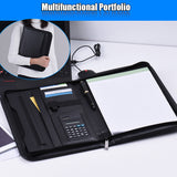 Multifunctional Professional Business Zippered Portfolio Padfolio A4 PU Leather w/ Calculator Business Card Holder Memo Note Pad