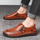 Mens Leather Comfortable Shoes Hand Stitching Zipper Non-Slip Casual Shoes Loafer Boat Sneaker
