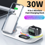 4 in 1 Fast Wireless Charger Clock Pad for iPhone 13 12 Wireless Charging Stand for Apple Watch 7 6 / Pro