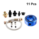 11pcs Oil Cooler Kit Aluminum Blue Cooling Filter Oil Temp Gauge Adapter for Truck Vehicle