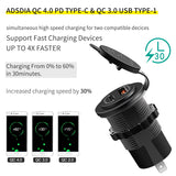 60W Car Dual USB Charger QC3.0/PD Quick Charge Waterproof with Voltmeter Switch for 12V/24V Motorcycle ATV Boat Marine RV