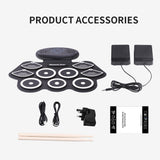 Portable 9 Pads Electronic Drum Set Roll Up Silicone Practice Drum Pad Support Recording Function/ Audio Input/ MIDI Output