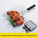 Outdoor Adjustable Grilling Basket Portable Stainless Steel BBQ Grill Basket With Wooden Handle For Camping Barbecue Hiking