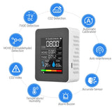 Air Quality Monitor Indoor CO2 Detector 5 in 1 Formaldehyde HCHO TVOC LCD Temperature Humidity Rechargeable CO2 Alarm Meter