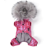 Luxury Fur Collar Dog Clothes Waterproof Windproof Dog Overalls for Small Dog Adjustable Waist Warm Puffy Pet Clothing Hair Free