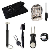 7Pc/Set Golf Club Cleaning Kit Golf Cleaning Brush w Carabiner Golf Towel Green Fork Golf Club Groove Sharpener Golf Accessories