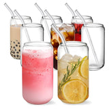 Drinking Glasses With Glass Straw -16Oz Can Shaped Glass Cups, Beer Glasses, Iced Coffee Glasses,2 Cleaning Brushes 8Pcs
