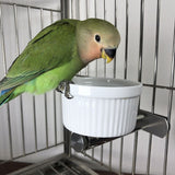 Birds Food Dish Ceramics Parrot Feeding Cups Cage Water Food Bowl with Stainless Steel Bracket 2 Sizes White Bowls