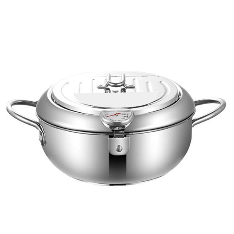 HAEGER-Japanese Deep Frying Pot with A Thermometer and A Lid 201 Stainless Steel Kitchen Tempura Fryer Pan 24 cm