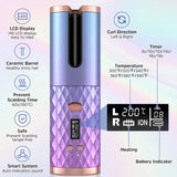 Rechargeable Automatic Curling Iron Cordless Auto Hair Curler Ceramic Ionic Hair Curling LCD Display Spin Curling Iron Hair Tool