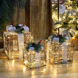 15/20/25cm 3Pcs/set Hollowed Out LED Holiday Iron Art Gift Box Shopping Mall Window Decoration Bow Gift Box Christmas Ornaments
