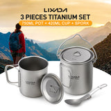 Lixada 3 Pieces Titanium 750ml Pot 420ml Water Cup Mug with Lid Handle Folding Spork Outdoor Camping Picnic  Cookware