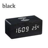 Wooden LED Alarm Clocks Desktop Digital Clock with Qi Wireless Charging Smart Alarm Clocks for Bedroom Bedside Table Decor Clock