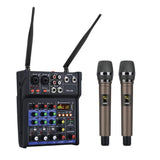 3.5mm Stereo Audio Mixer Build-in UHF Wireless Mics 4 Channels Mixing Console With Bluetooth USB Effect For DJ Karaoke PC Guitar