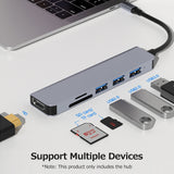 6-in-1 Type-C Hub Multifunctional Type-C Converter Aluminum Alloy Shell with USB3.0 USB2.0 HD Ports TF SD Card Slots