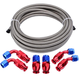 3.65M Energy AN6 Stainless Steel Braided PTFE E85 Oil Gas Fuel Hose Line 6AN 0/45/90Degree PTFE Reusable PTFE Fitting Kit