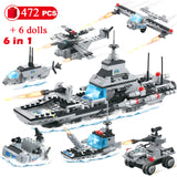 472pcs 6IN1 SWAT City Police Shipping Marine Boat Aircraft Model Building Blocks Car Creative friends Bricks Toys for Children