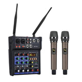 3.5mm Stereo Audio Mixer Build-in UHF Wireless Mics 4 Channels Mixing Console With Bluetooth USB Effect For DJ Karaoke PC Guitar
