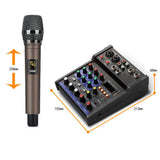 3.5mm Stereo Audio Mixer Build-in UHF Wireless Mics 4 Channels Mixing Console With Bluetooth USB Effect For DJ Karaoke PC Guitar