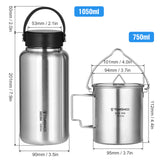 TOMSHOO Stainless Steel Water Bottle Leak Proof Sports Bottle Camping Water Cup Coffee Mug Hanging Pot for Outdoor Camping