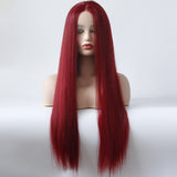 Chemical fiber front lace wig long straight wine red chemical fiber headgear