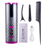 Cordless Auto Rotating Ceramic Hair Curler USB Rechargeable Curling Iron LED Display Temperature Adjustable Curling Wave Styer