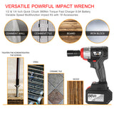 Cordless Impact Wrench 380Nm Torque Brushless Motor 1/2 and 1/4 Inch Chuck 2x6.0A with Fast Charger Variable Speed Impact Kit