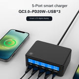 USB Multi-Port Charger HD LCD Intelligent Digital Display Compatible With Various Electronic Devices 65W (EU Plug)