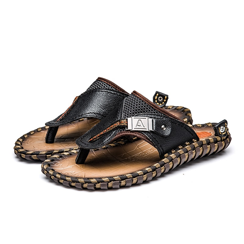 Men's Casual Shoes Genuine Leather Sandals Men Flip Flops Breather Slippers